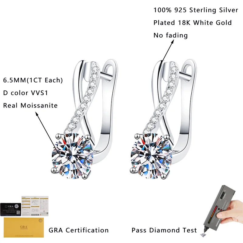 HORRIPAL 1CT D VVS1 Moissanite Hoop Earring 925 Sterling Silver GRA Certified Plated 18k White Gold Party Wedding Fine Jewelry