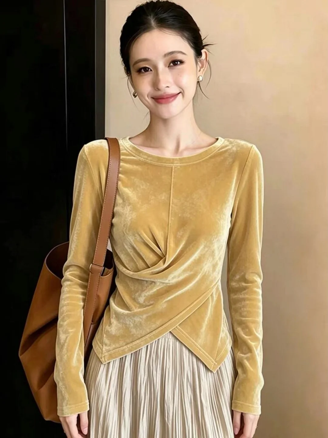 Velvet Long Sleeve Knitted Base Shirt Women's Fashion Slim Fit Yellow Casual Style Autumn New Arrival Casual Comfortable Brea...