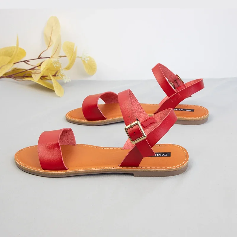 Women Flat Sandals 2024 Buckle Woman Summer  Shoes Retro Solid Round Toe Comfort Casual Beach Footwear Red Yellow Large Size