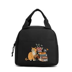 Fashion Cat with Books Print Lunch Bags Women Men Large Capacity Picnic Drink Thermal Bag Portable Outdoor Food Lunch Handbags