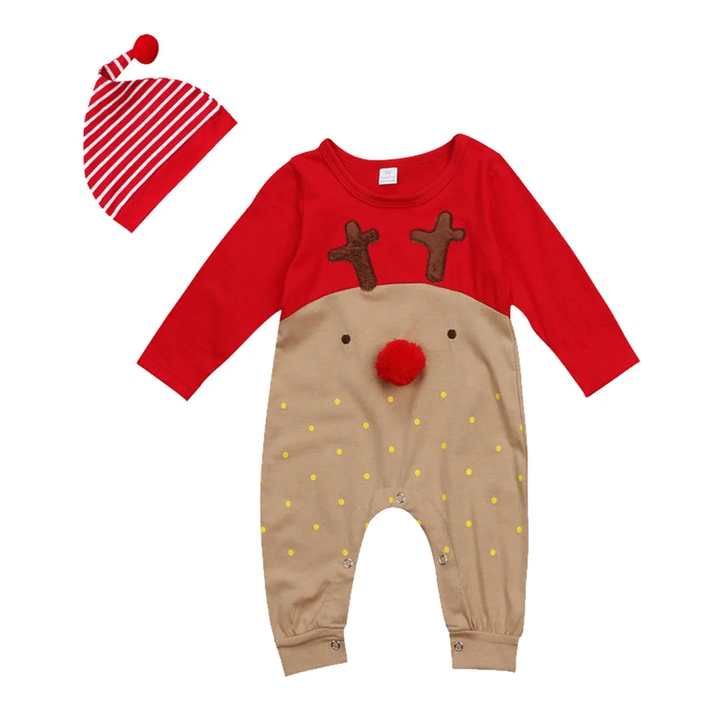 

Newborn Baby Boys Girls Christmas Long Sleeve Red Nose Cartoon Reindeer Bodysuit Set Stripe Hat Xmas Party Photo Outfit 12-18