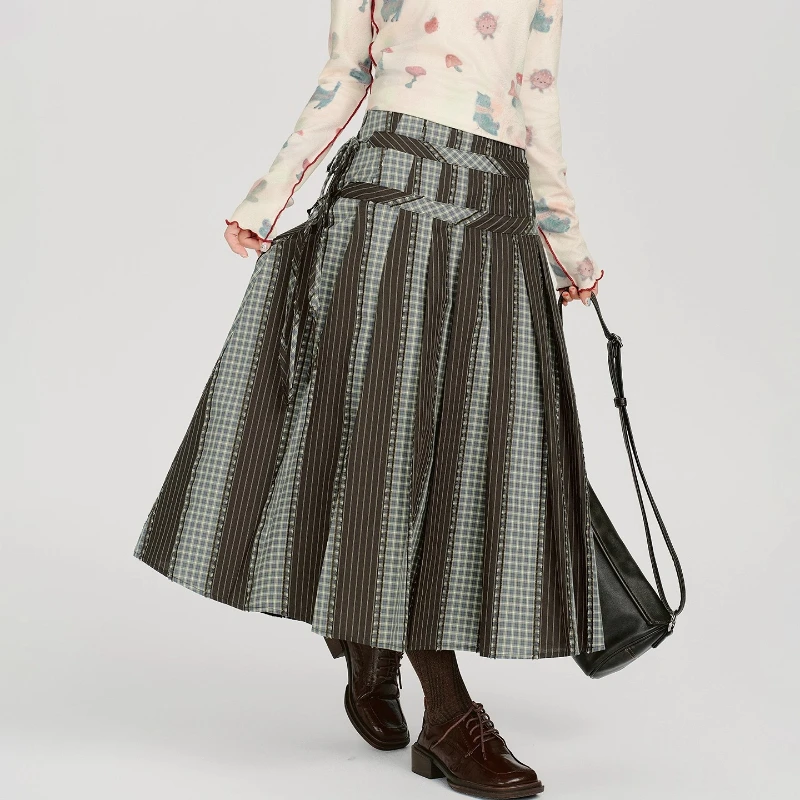 Vintage Design Plaid Splicing Pleated Women's Long Skirt 2025 Autumn Winter New Sweet Cool Loose Versatile Lace-up Skirts Ladies