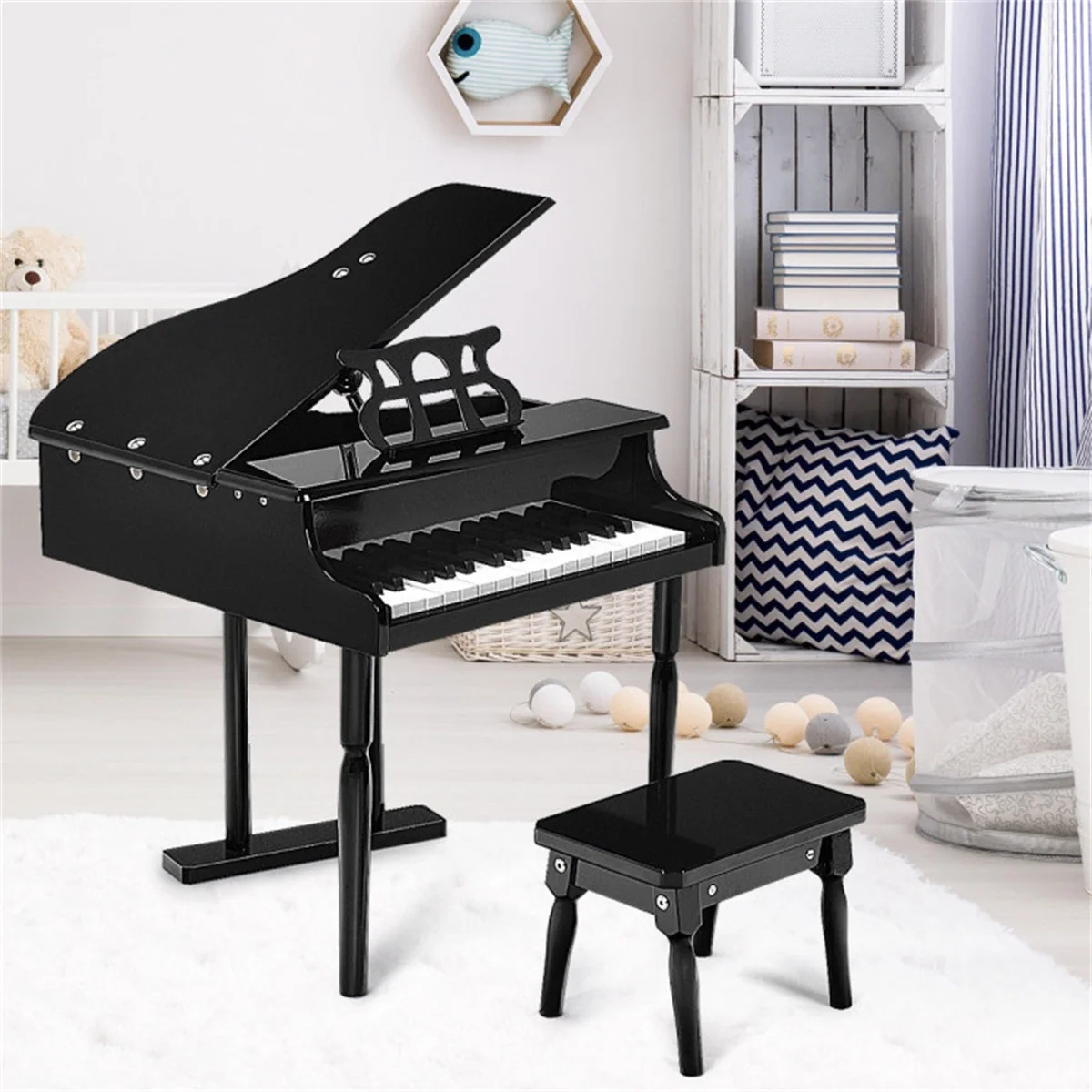 Black Kids Piano 30-Key Keyboard Toy with Bench Piano Lid and Music Rack