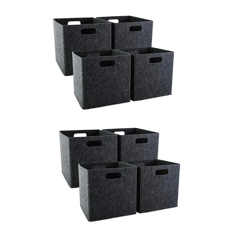 

HOT SALE Foldable Storage Squares 8 Pack, Square Storage Bins With Dual Handles, Felt Storage Baskets For Square Dark Grey