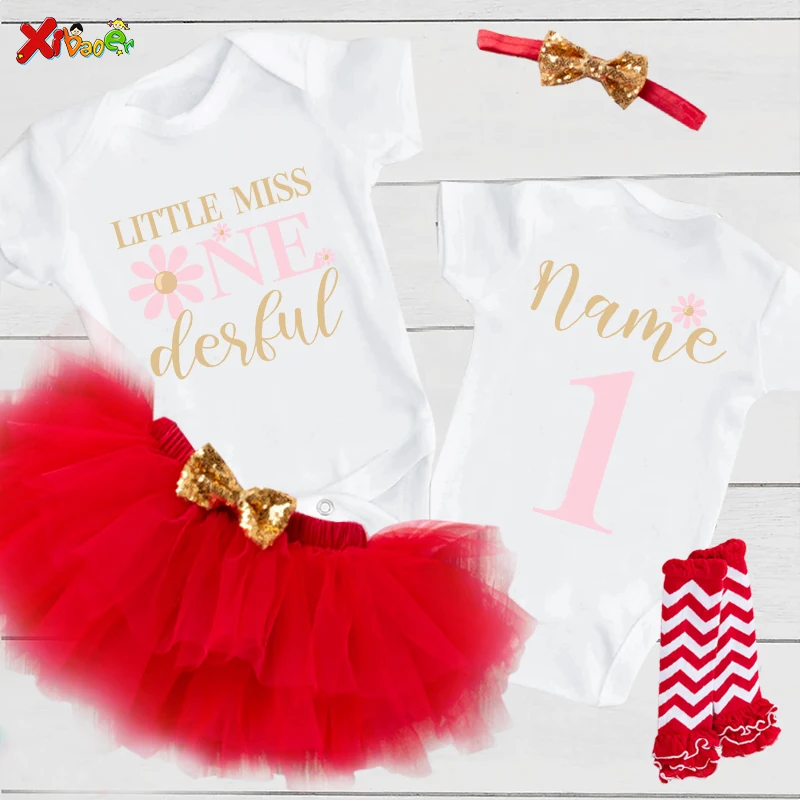 Baby Girl 1st Birthday Outfit Custom Name Little Miss Onederful Personalized baby BodysuitPink Tutu Skirt Romper First birthday