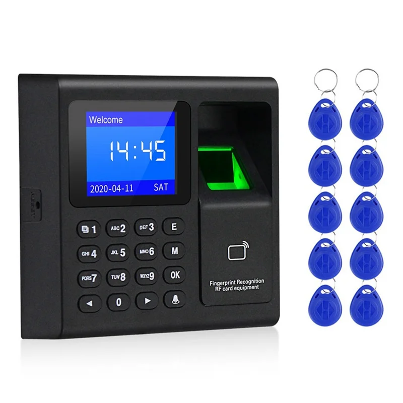 Máquina de asistencia con huellas dactilares + 10 tarjetas, Control de acceso, grabadora de reloj de tiempo eléctrico, gestión de datos USB, grabadora de reloj de tiempo