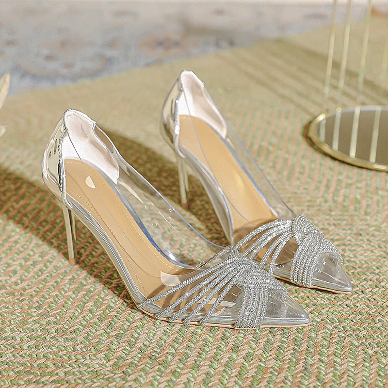 

2024 Summer New Thin Heels Sexy Cross Water Diamond Shallow Mouth Single Shoes French Pointed Transparent High Heels for Women