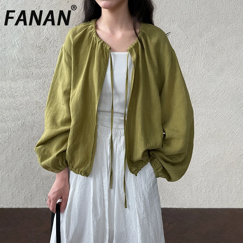 

FANAN Lace-up Linen Shirts For Women Round Neck Lantern Sleeve Office Lady Solid Blouses Fashion Female Tops 2025 Summer New