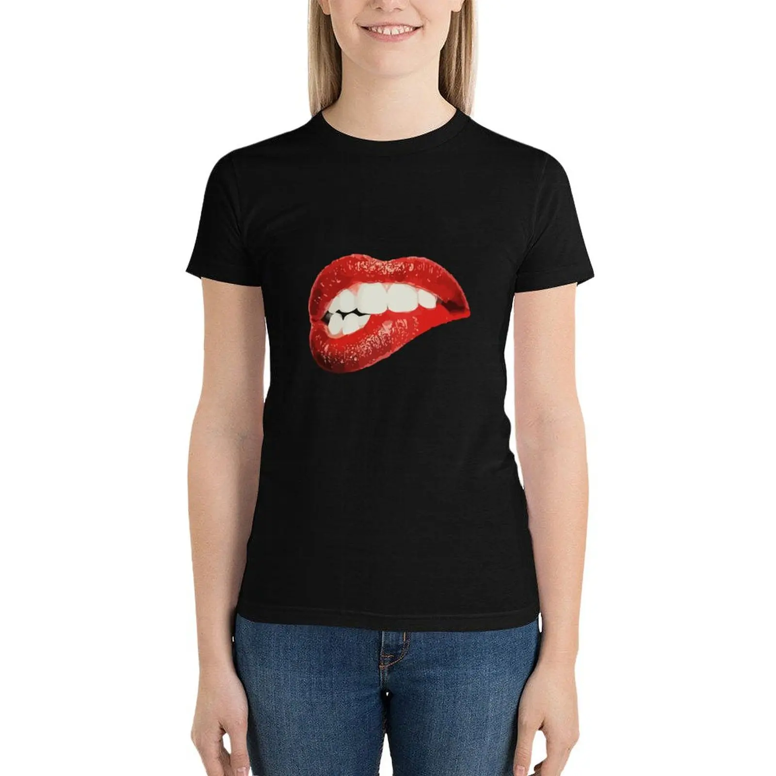 

Sexy teen girl lips teeth bite lipstick red mouth T-Shirt Aesthetic clothing summer top tees oversized Woman clothing