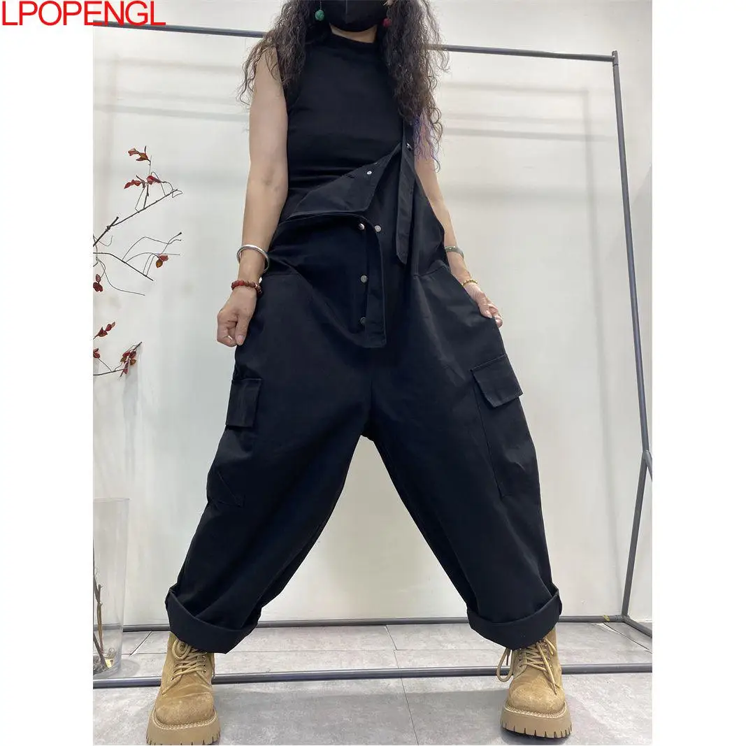 2024 New Spring Sleeveless Suspenders Women\'s Loose Casual Pants Temperament Solid Color Versatile Solid Color Button Jumpsuit