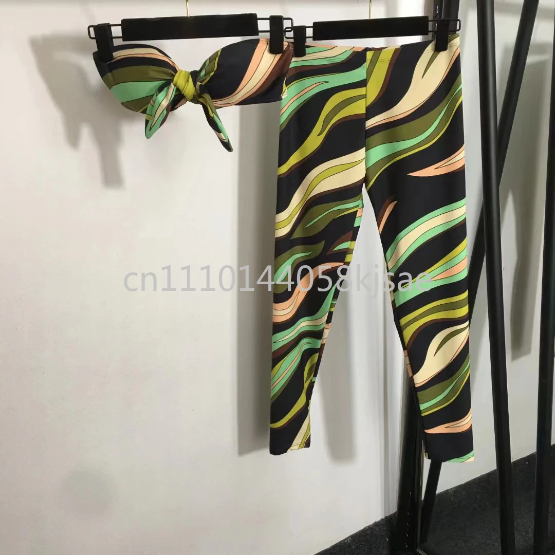 

Женские зеленые комплекты для йоги без бретелек с фирменным логотипом, классические брендовые спортивные комплекты с брюками, пляжная одежда