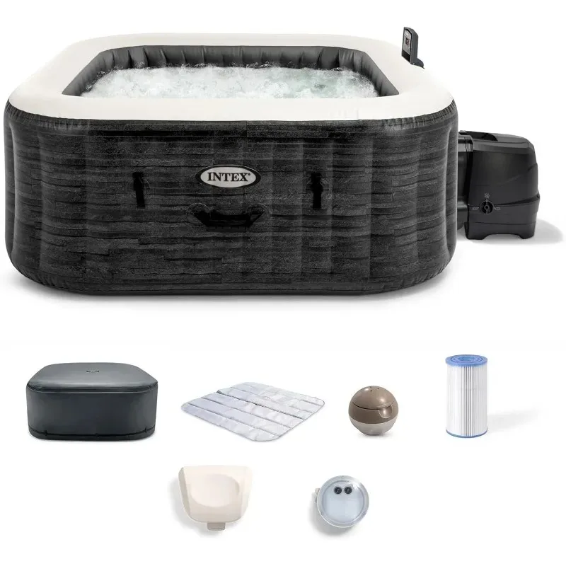 PureSpa Greystone Deluxe 4 Person Square Inflatable Hot Tub, Bubble Massage Spa Set, (Cell Not Included), 69 in x 28 in