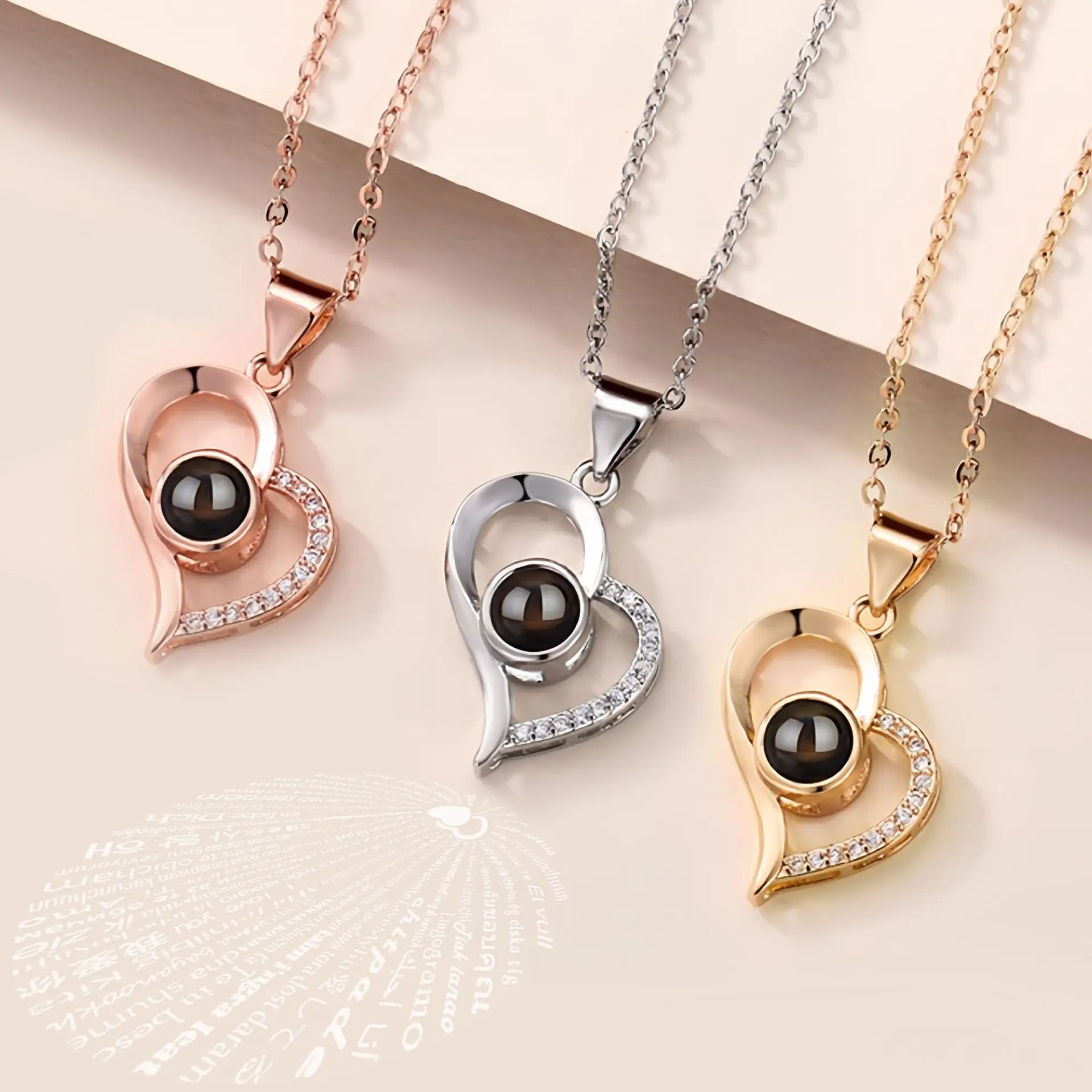 

100 Languages I Love You Heart Pendant Jewelry For Girlfriend Gifts Dropshipping Projection Necklace Set With Rose Gift Box