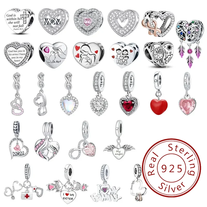 925 Sterling Silver Romantic Red Love Heart Pink Charms Beads Fit Original Pandora DIY Bracelets for Woman Pendant Fine Jewelry