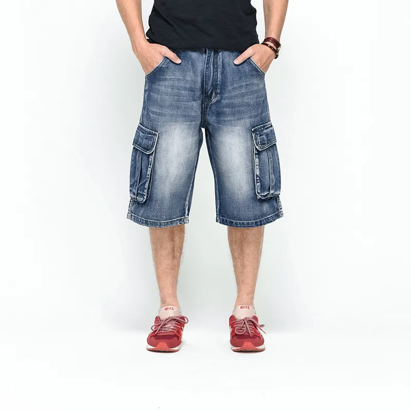 Summer Multi-Pocket Men's Blue Denim Shorts Streetwear Loose Large Size Straight Denim Shorts