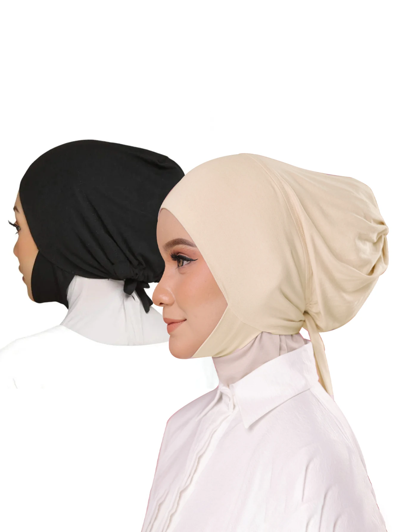 

2pcs Modal Women Caps High Quality Soft Solid Color Elastic Headscarf Tie Back Under Bonnet Convenient Hijab Cross Strap Hat