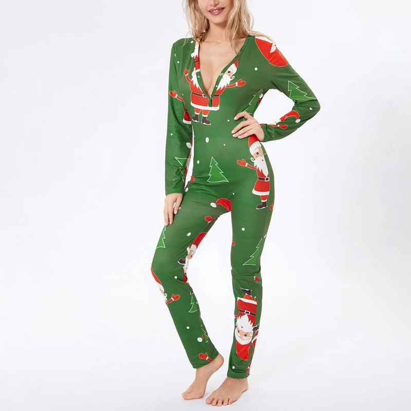 Women Christmas Pajamas Long Sleeve V-neck Father Christmas Print Skinny Jumpsuit 2023 New Female Lounge Nightwear