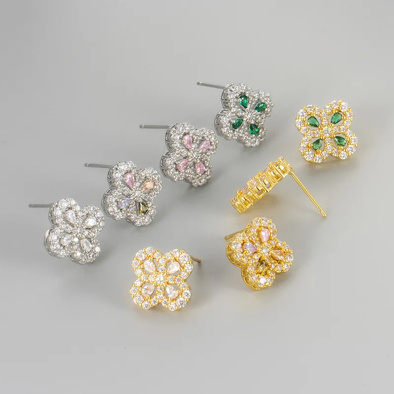 Classic Colored Full Zircon Cutout Flower Stud Earrings Women Copper Jewelry Vintage Elegant Accessories Birthday Party Gifts