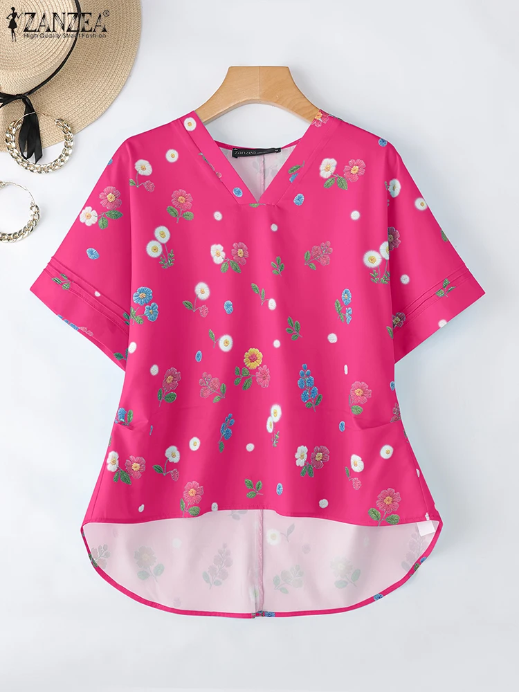 

ZANZEA 2025 винтажные блузки с цветочным принтом, женские модные блузки с коротким рукавом и круглым вырезом, повседневные свободные туники большого размера