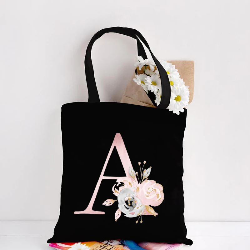 Pink English Flower initials Letter Print Shopping Bag Shopper Bag Totes Large Capacity Fashion Shoulder Bags Gift For Friends