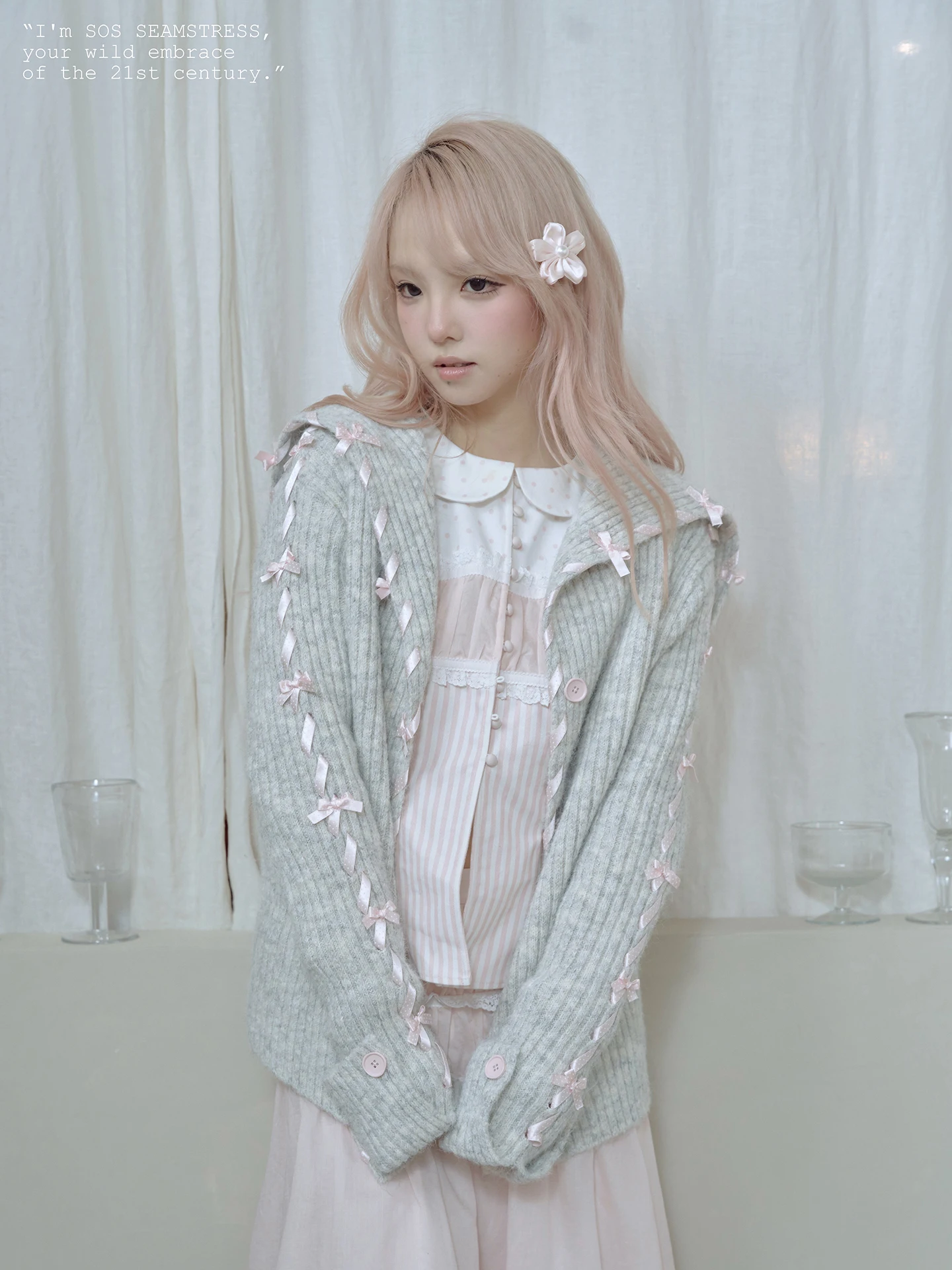 

ay Knitted Open Cardigan Sweater with Bow Tie Naval Collar Asymmetric Hemline Long Sve Girls Spring Autumn Winter Wear