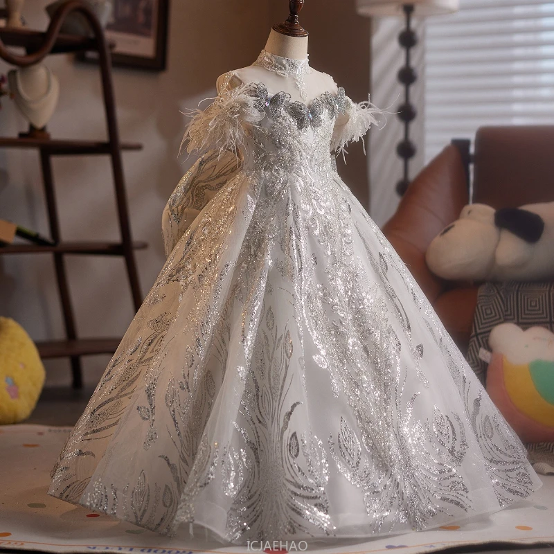 Long Dress Children Costume New Girls Birthday Princess Dresses Costume Kids Clothes Pageant Host Piano Performance Party Outfit