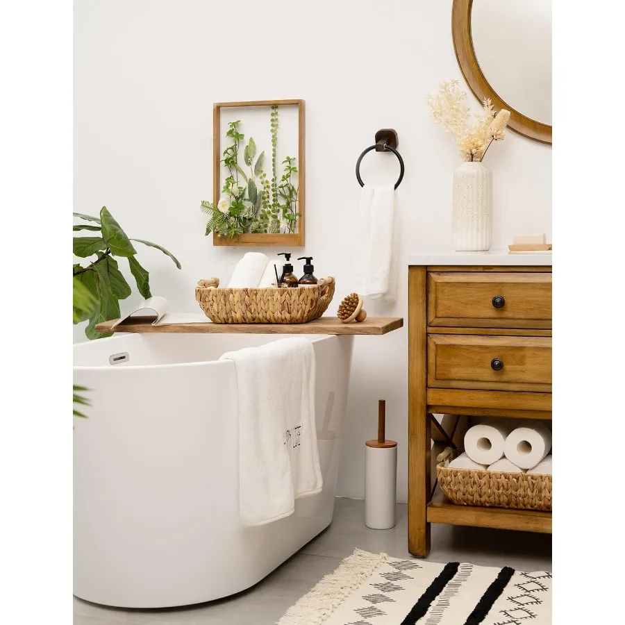 Hand-Woven Large Storage Baskets 2-Pack, Wooden Handle Water Hyacinth Wicker Organizer for Home Decor & Closet