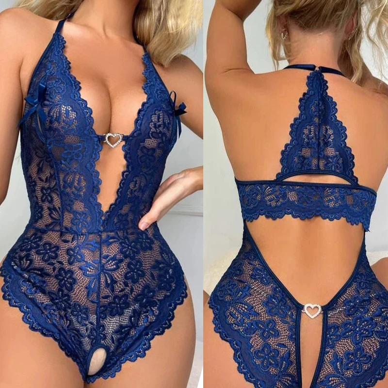 Women Lace Body Suit Sexy Lingerie Sleepwear Mesh Lace Floral Deep V See-through Teddies Bodysuits Naughty Eroctic Costumes