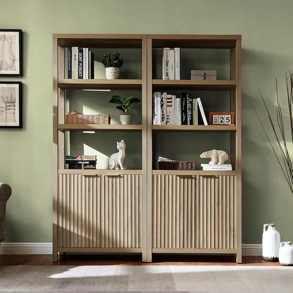 

5 Tier Bookshelf with Storage, 70" Tall Bookshelf with Doors Cabinet, Fluted Wood Bookshelf, Large Farmhouse Bookcases