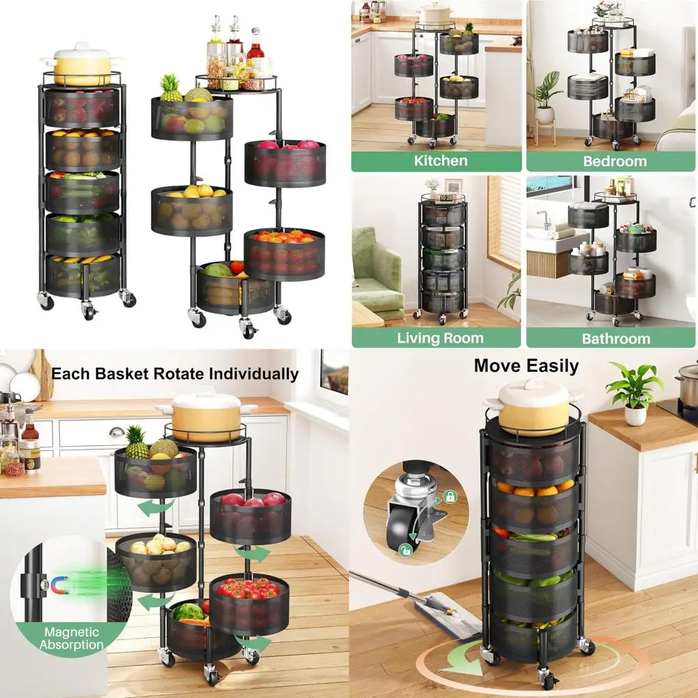

5-уровневая вращающаяся кухонная тележка с крышкой и металлическими колесами, черная