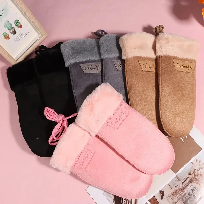 Winter Women Keep Warm Thickened Fleece Suede Halter Gloves Cute Lovely Sweet Cold Protection Mittens