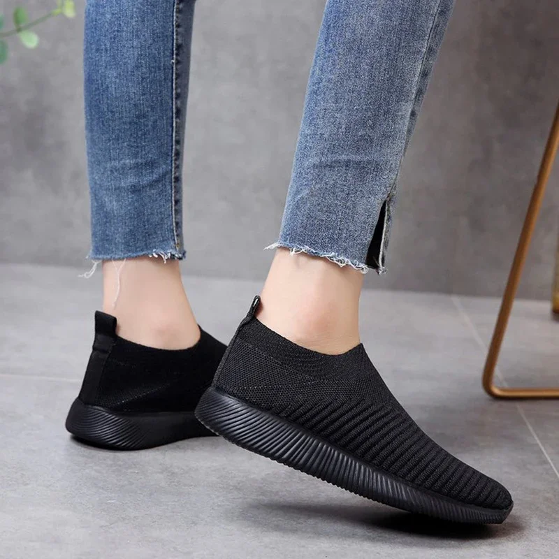 Knitted Sneakers for Women 2024 Autumn Slip on Breathable Mesh Casual Shoes Woman Flat Heels Plus Size Loafers Zapatos Mujer