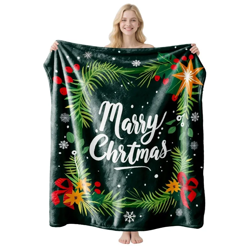 Christmas Throw Blanket Green Background Hot Cocoa Mug Snowflake Printed Soft Lightweight Decor Blanket Winter Warm Blanket