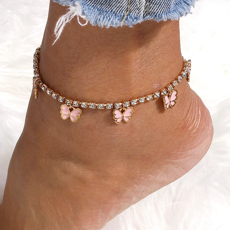 Aihua Kristall-Strass-Tenniskette Fußkettchen für Damen, niedliches Mini-Schmetterlings-Fußkettchen, Fußkettchen, Beinarmband, Strand-Schmuck – Detail 13