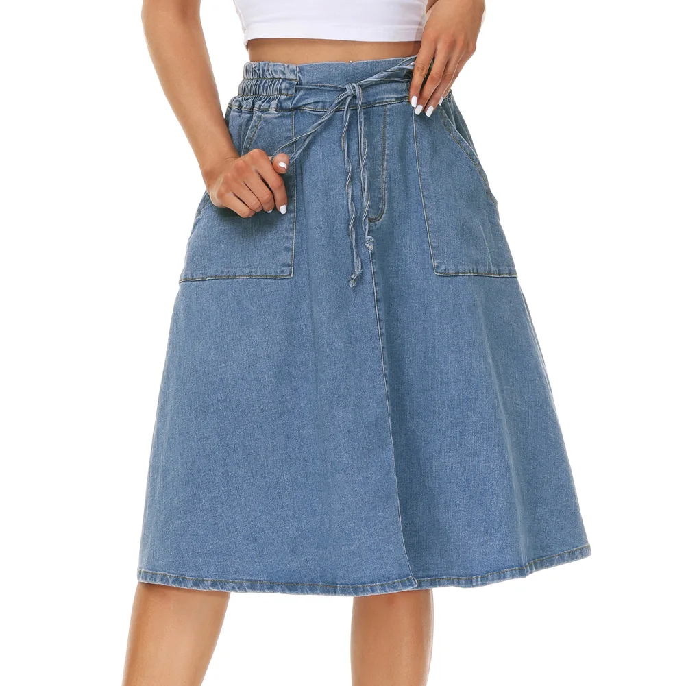 KK Women Jean Skirt Elastic Drawstring Waist Below Knee-length A-Line Skirt Y2K Girl Lady Elegant Causal Vintage Blue Streetwear