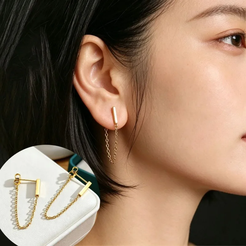 Minimalist Gold Color Stainless Steel Bar Tassel Chain Drop Earrings for Women Rectangular Dangle Earrings Trendy Jewelry Gift