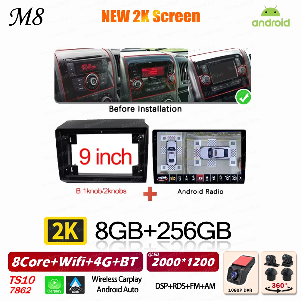Android 16 voor Fiat Ducato Peugeot Boxer Citroen Jumper 2 2006-2022 Carplay Android Auto 2K QLED Wifi GPS autoradio multimediasysteem 5G