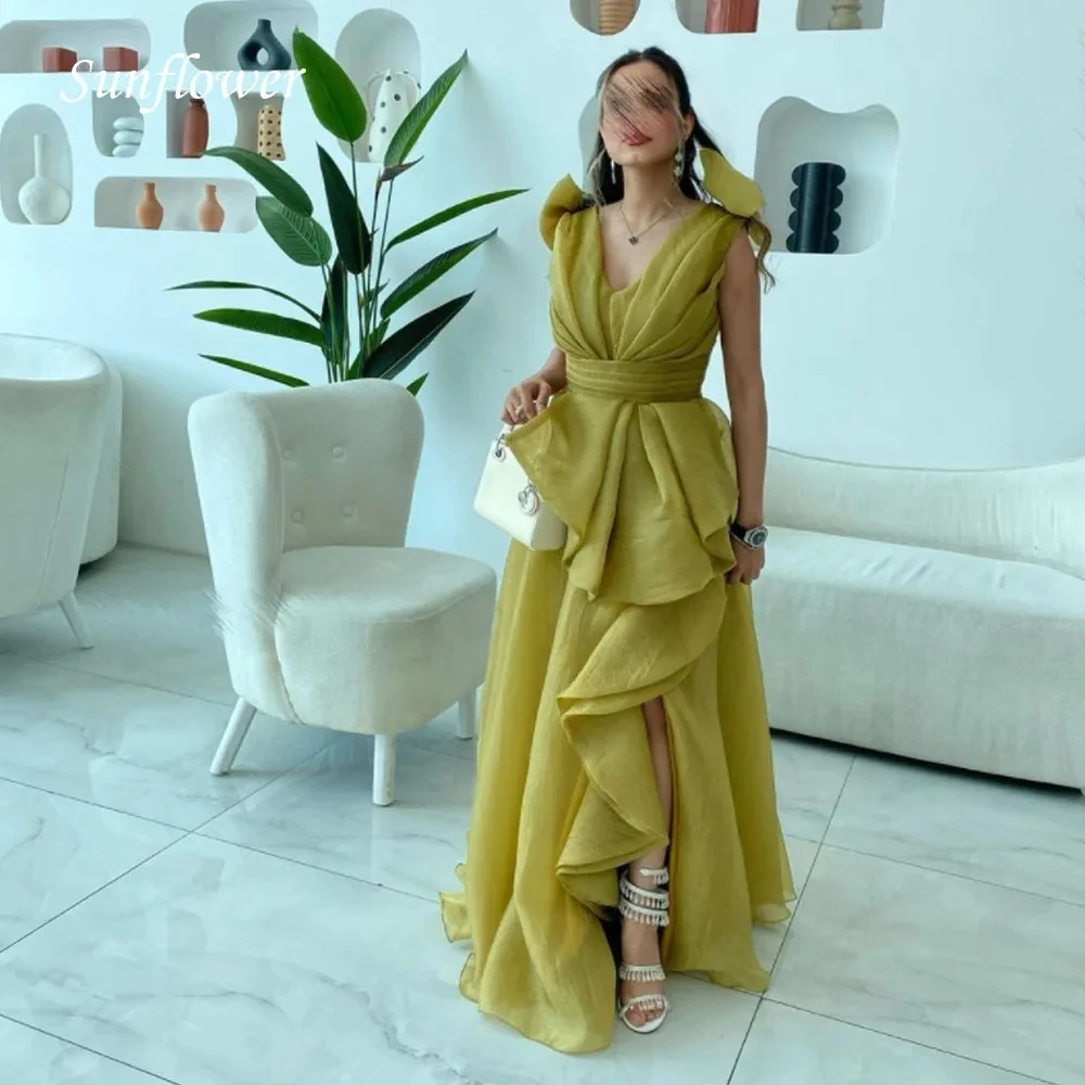 

Flora Dress Yellow Organza V-Neck Evening Dress Arabic Sleeveless A-Line Porm Gowns vestidos para mujer elegantes y bonitos