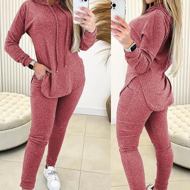 Womens 2 Piece Set Outfit Spring Autumn Hem Slit Long Sleeve Hoodies Sweatshirt Casual Pocket High Waist Two Piece Pant Sets