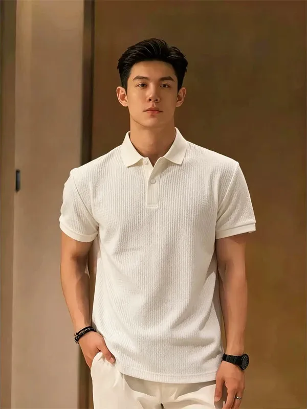 

American Retro Ice Silk Knitted Short Sleeve Shirt Men's Summer T-Shirt Henry Collar Texture Breathable Slim Fit