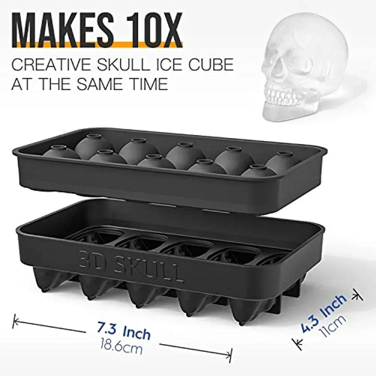 Ice Machine Mold for Whiskey - 10 Cavity Skull Ice Cube Tray with Funnel - Skull Silicone Mold for Baking, Chocolate