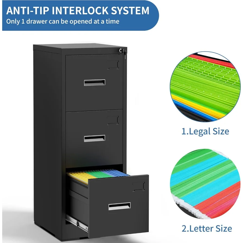 Metal Vertical File Cabinet with Lock, 3-Drawer Steel Storage Cabinet for Home Office, Hanging File Organizer