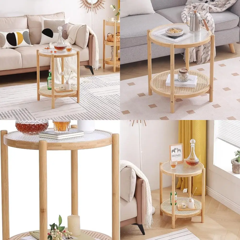 طاولة جانبية حديثة من الخيزران مستديرة 19.7 لغرفة المعيشة والشرفة والمكتب - قاعدة خشبية لسطح زجاجي داخلي/خارجي