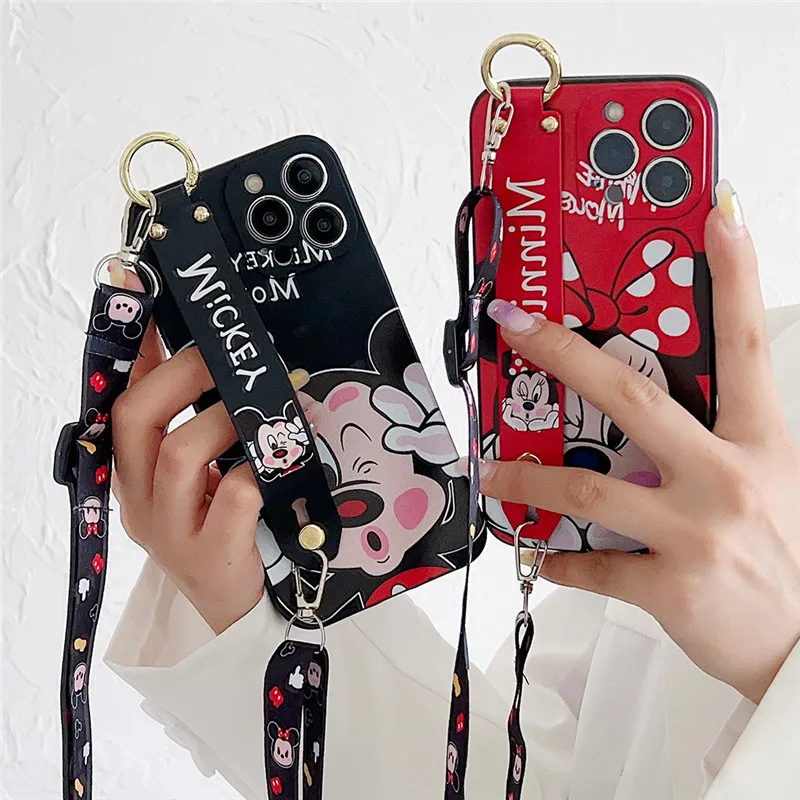 Disney Messenger Cute Cartoon Mickey Minnie Cover for iphone 12 11 13 14 15 Pro Max X XS XR SE 7 8 Wrist strap Lanyard Cover