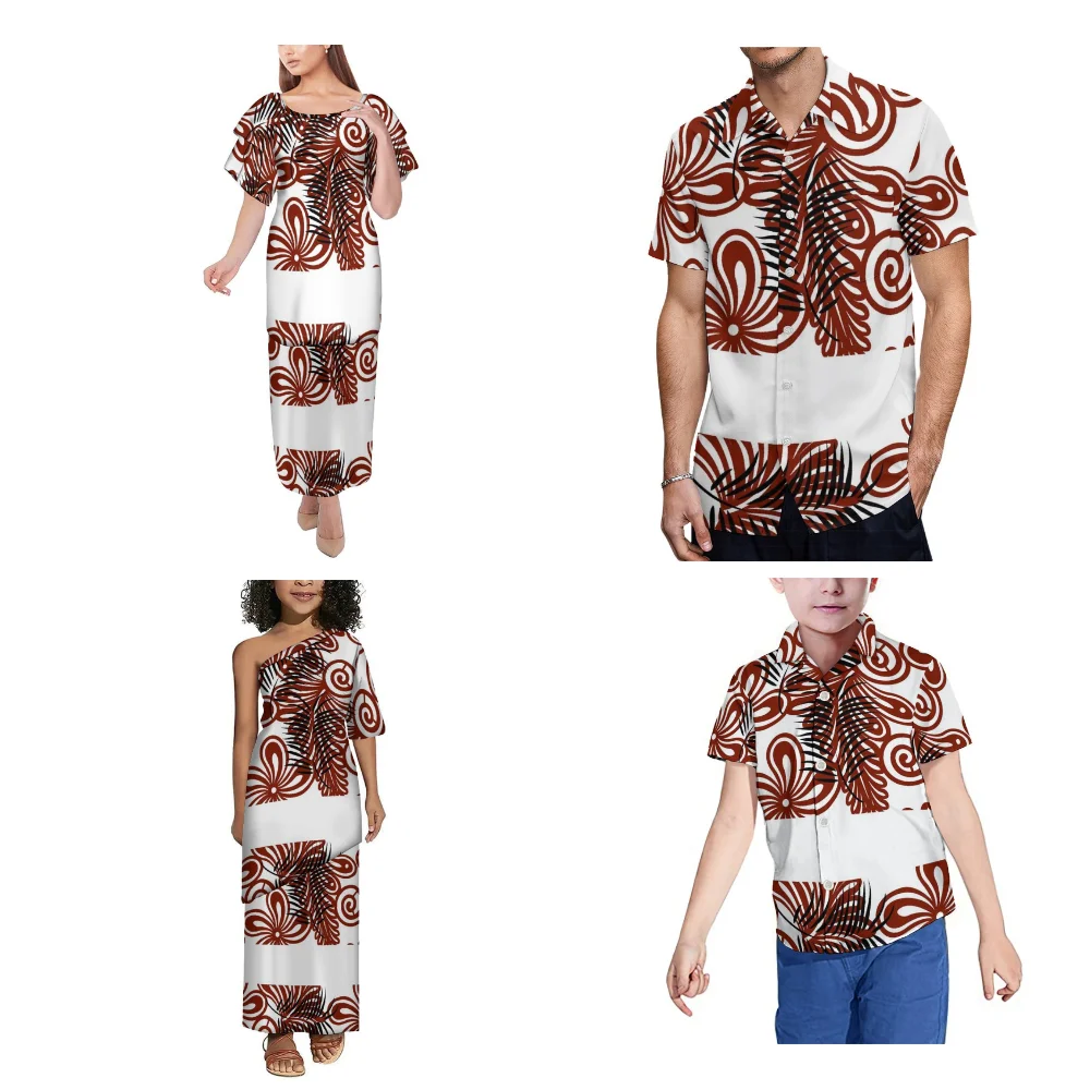 Polynesian Ladies New Dress Home Party Dress Custom Summer Short Sleeved Ladies Girls Puletasi Skirt Men Boys Pocket Shirt