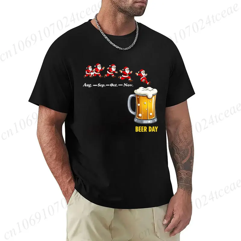 Men Funny Christmas Beer T‑Shirt Santa Running To Beer Day Graphic Tee Aug‑Sep‑Oct‑Nov Humor Xmas Party Short Sleeve Casual Tops