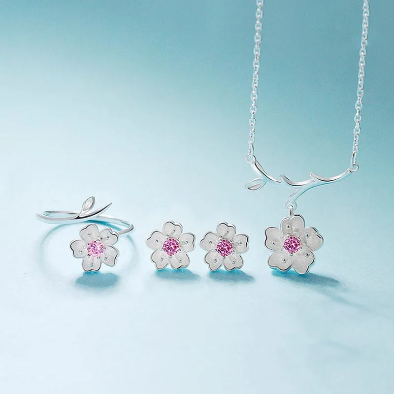 925 Sterling Silver Jewelry Sets Romantic Cherry Blossoms Flower Necklace+Earrings+Ring+Bracelet For Women