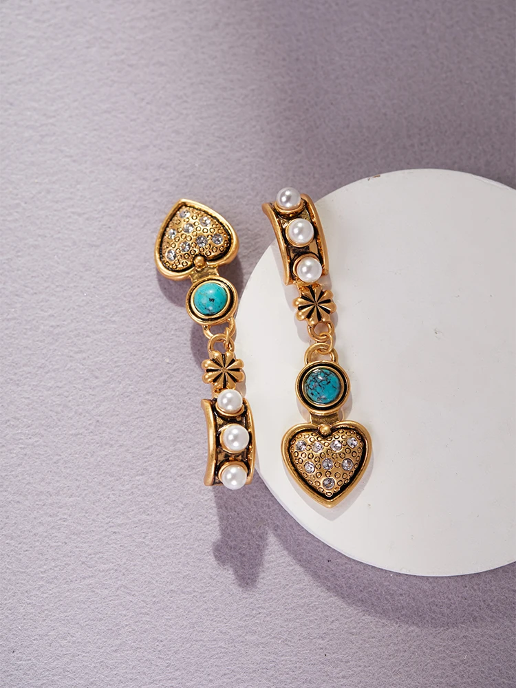 LEWIS SEGAL Medieval 18k Jewelry Heart Vintage Earring for Women Turquoise Pearl And Rhinestone Embellishment 18K Gold Plated