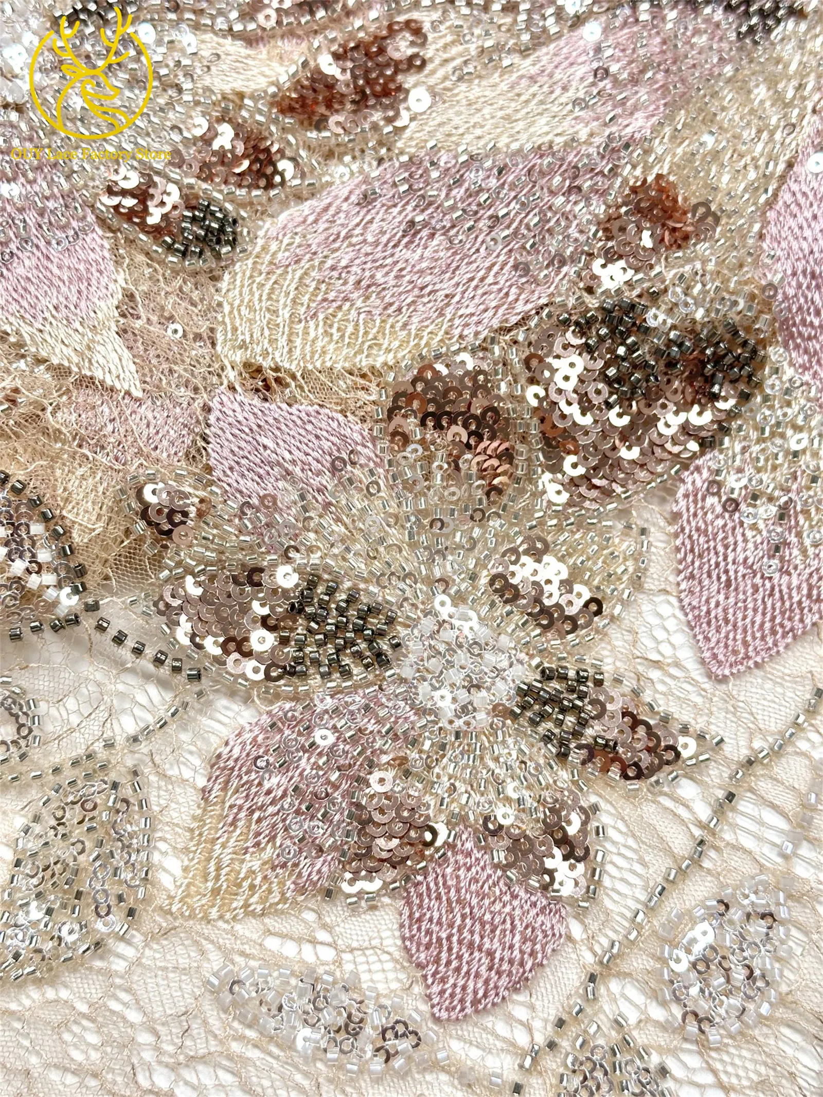 3D-Stickerei-Blattapplikation mit Pailletten, Röhrenperlen und Spitze, hochwertiger französischer Tüllspitzenstoff für Hochzeitskleider, Brautkleider und Partykleider zum Nähen. – Detail 11