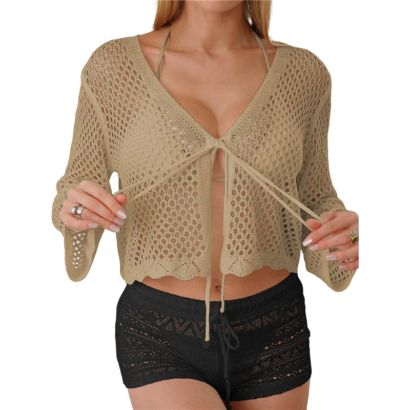 

Womens Hollowout Crop Summer Solid Color Long Sleeves Lace Up Beach Casual Cover Up Shawl Blouse Top